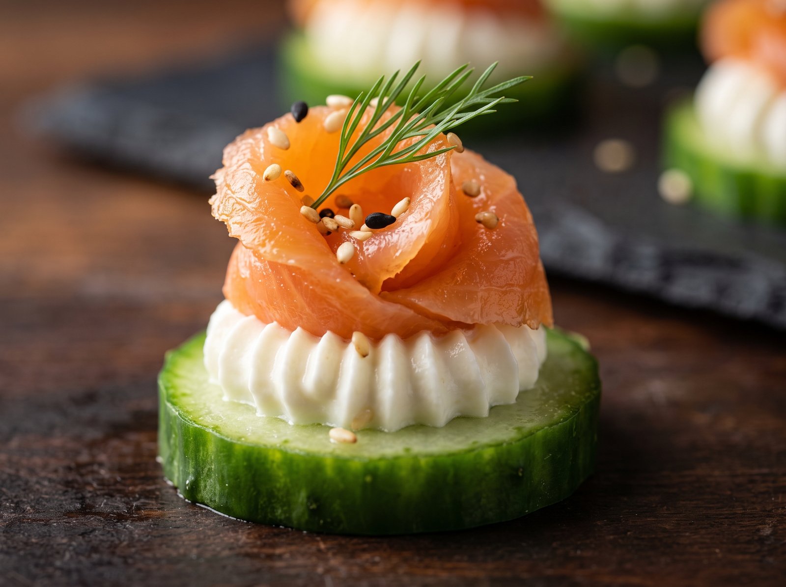 Macro close-up of a single Smoked Salmon & Cucumber Bite showing the silky salmon texture and creamy yogurt.
