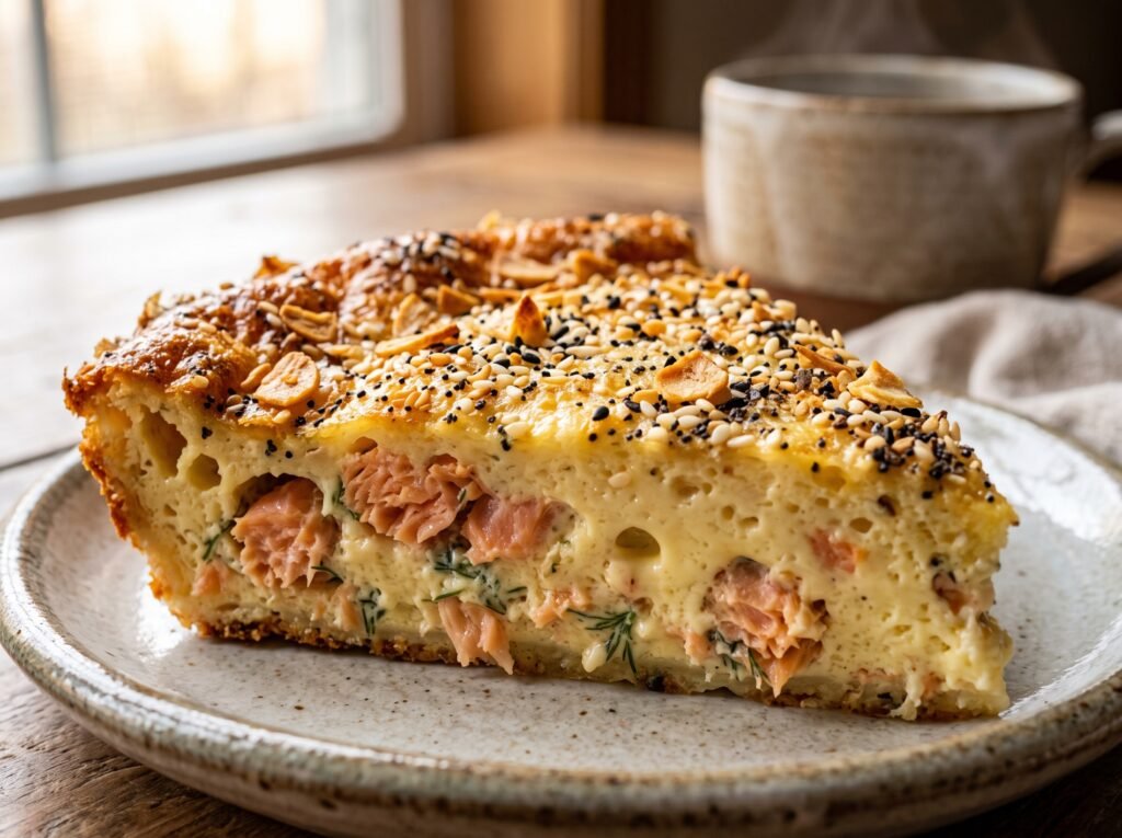 Macro close-up of baked Crustless Smoked Salmon Quiche showing the toasted Everything Bagel seasoning on top.