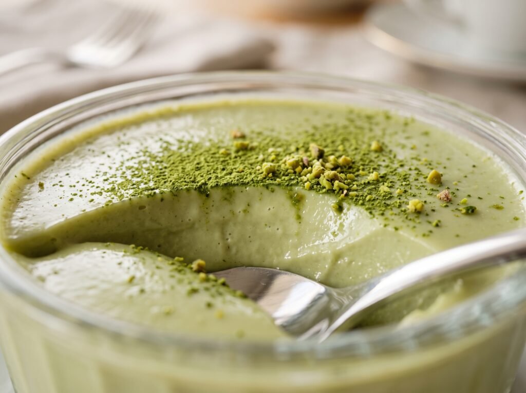 Macro close-up of a silver spoon scooping into a silky, pale green Coconut Matcha Panna Cotta.
