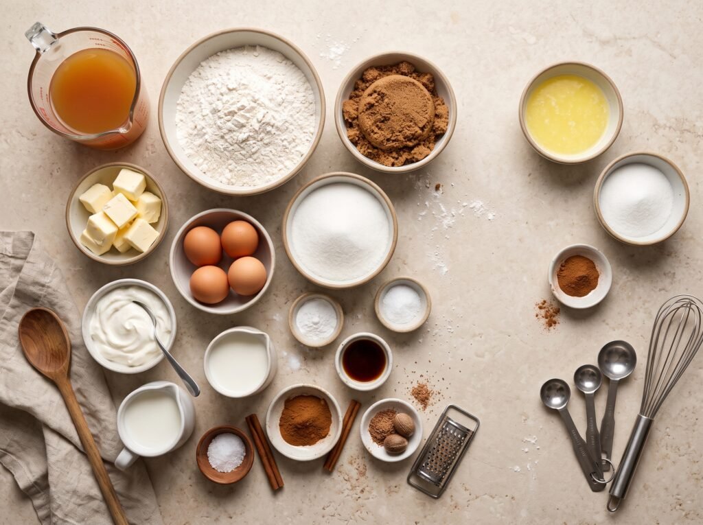 Apple cider, flour, butter, eggs, sour cream, and spices for Bundt cake