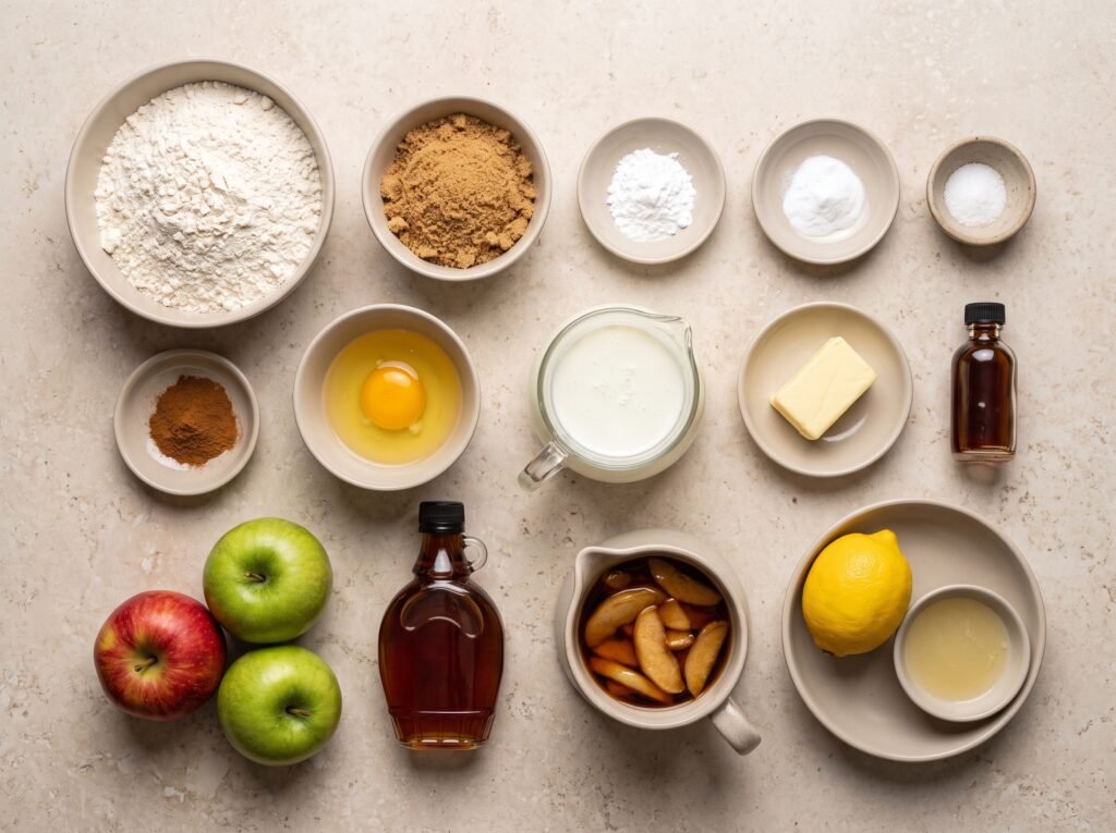 Apples, flour, buttermilk, cinnamon, and maple syrup for pancakes
