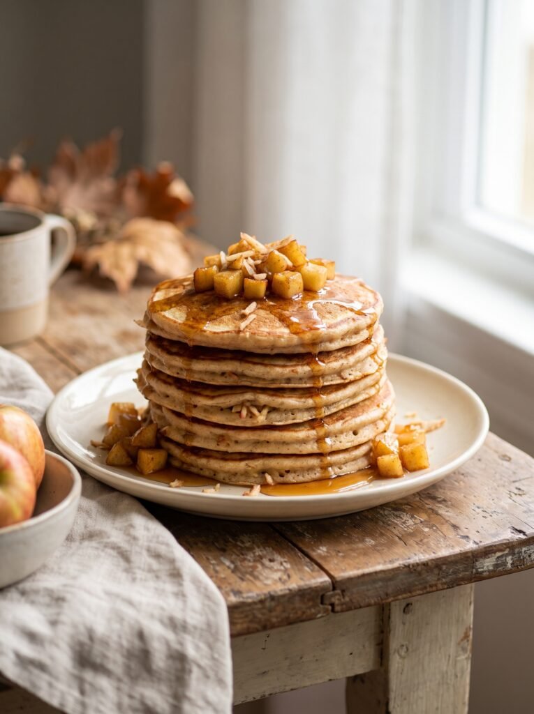 Apple cinnamon pancakes topped with warm maple apples