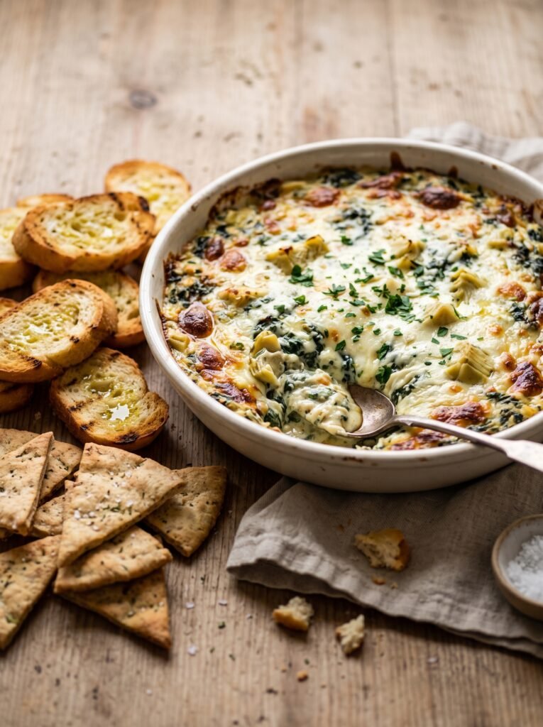 Baked spinach artichoke dip with golden cheese served with toasted baguette slices