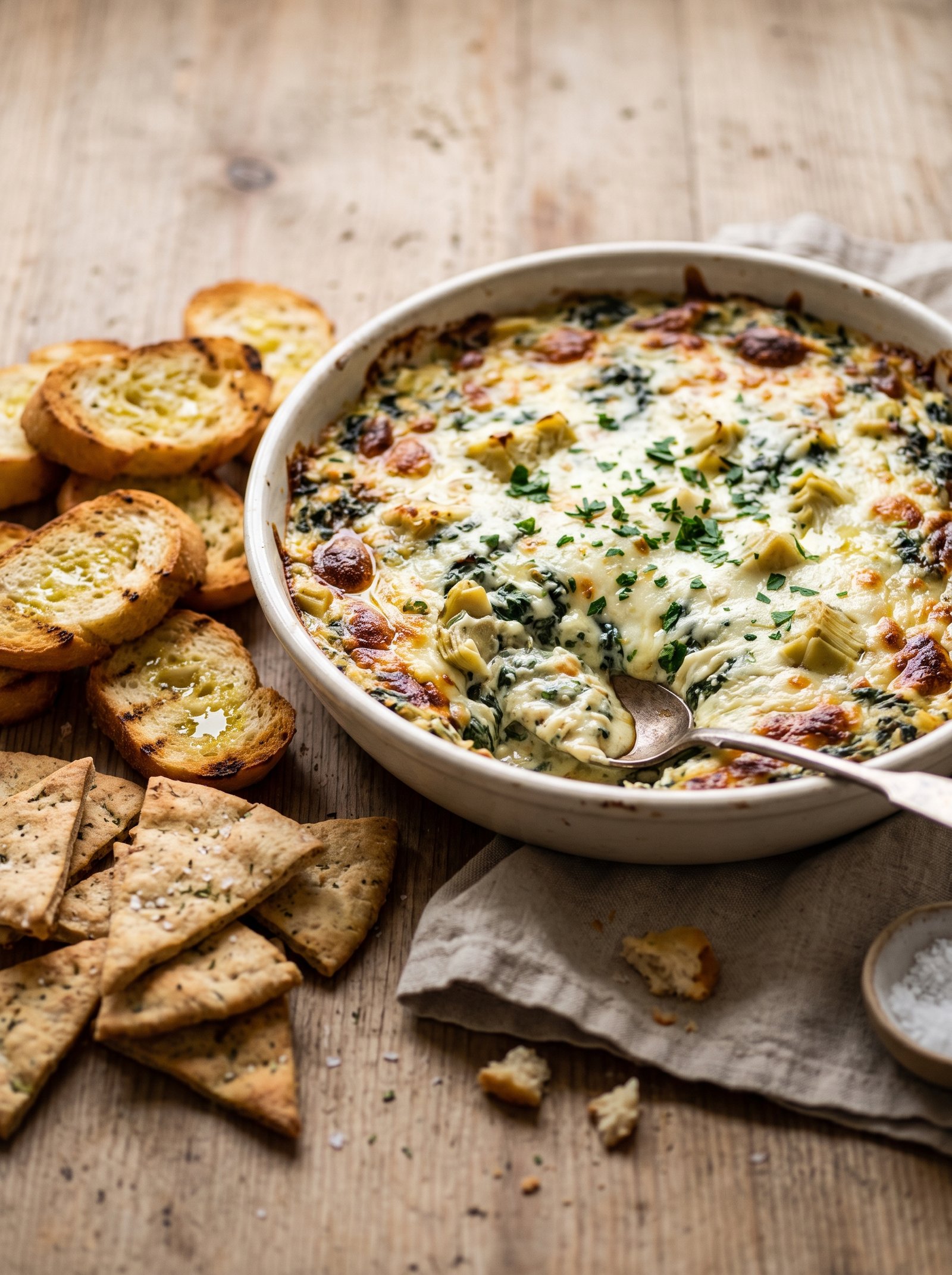 Baked spinach artichoke dip with golden cheese served with toasted baguette slices