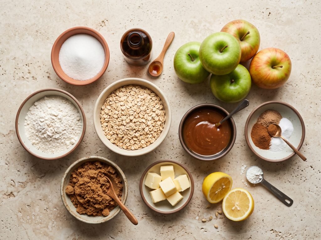 Apples, oats, flour, butter, cinnamon, and caramel for crisp bars
