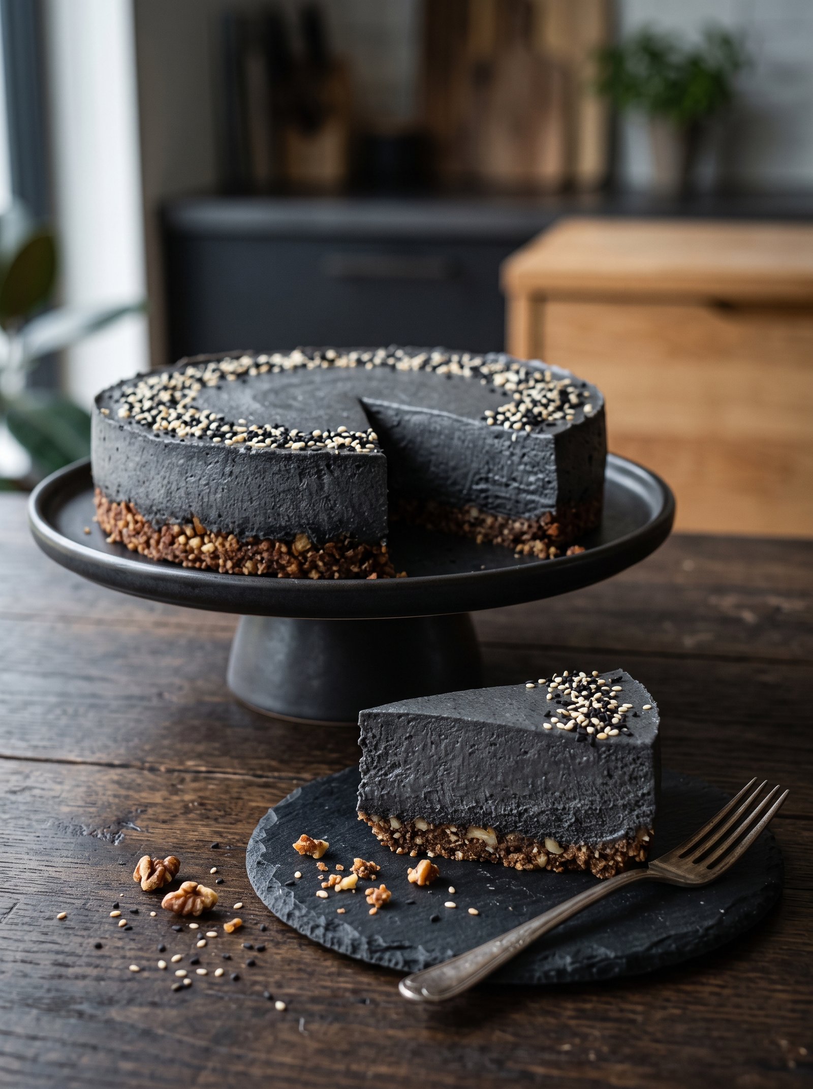 A sliced low-carb Black Sesame Cheesecake on a slate plate with a walnut crust.