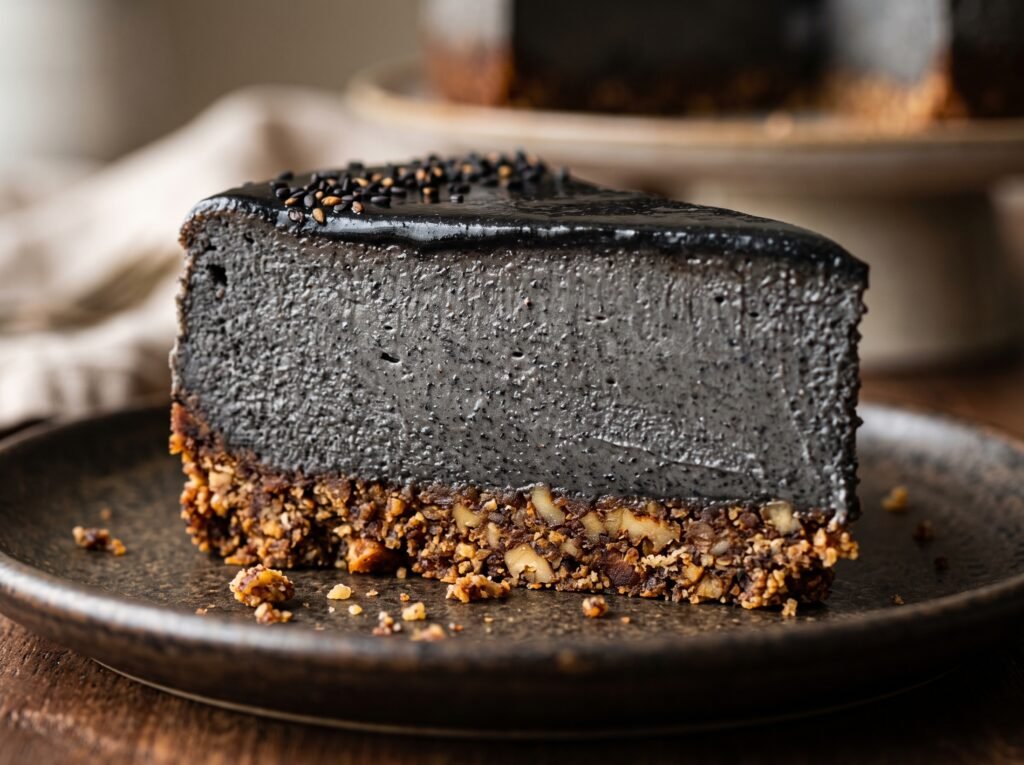 Macro close-up of the smooth dark grey filling and walnut crust of a Black Sesame Cheesecake.