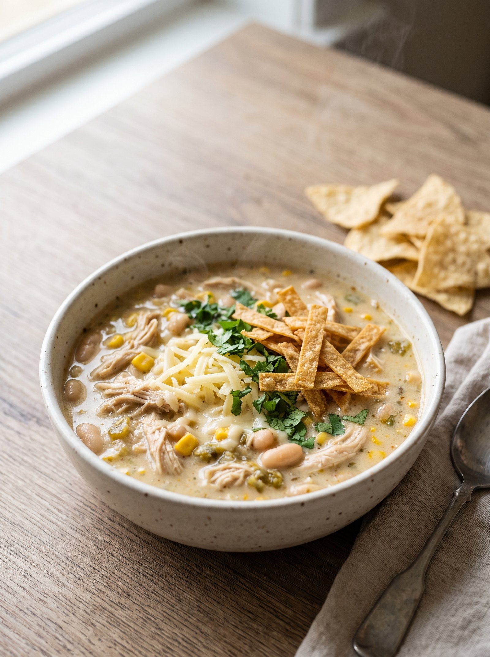 Creamy white chicken chili topped with cheese, cilantro, and tortilla strips