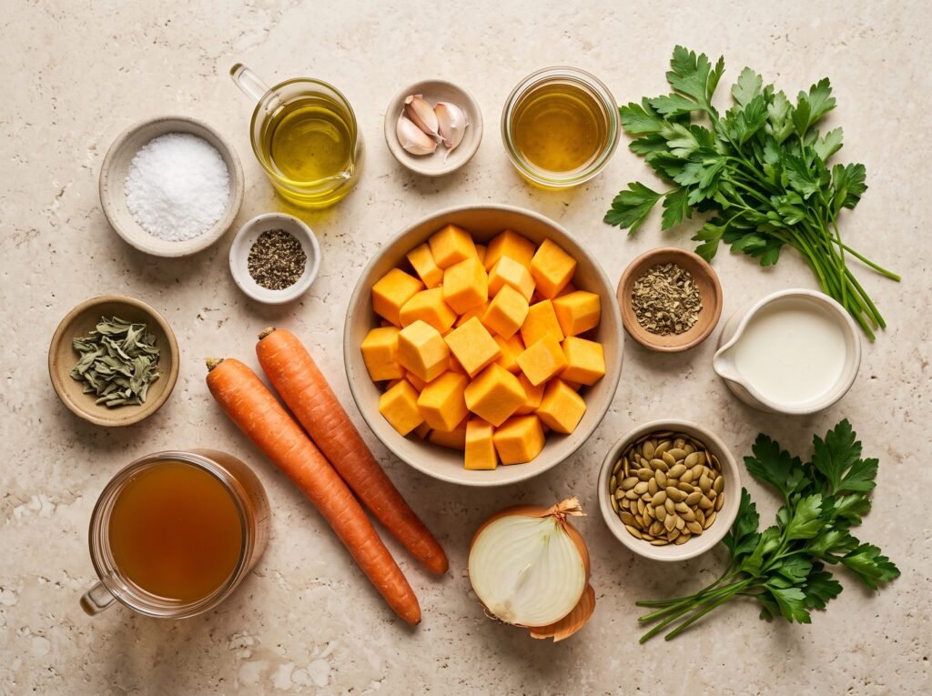 Butternut squash, carrots, onion, garlic, broth, cream, and seasonings for soup