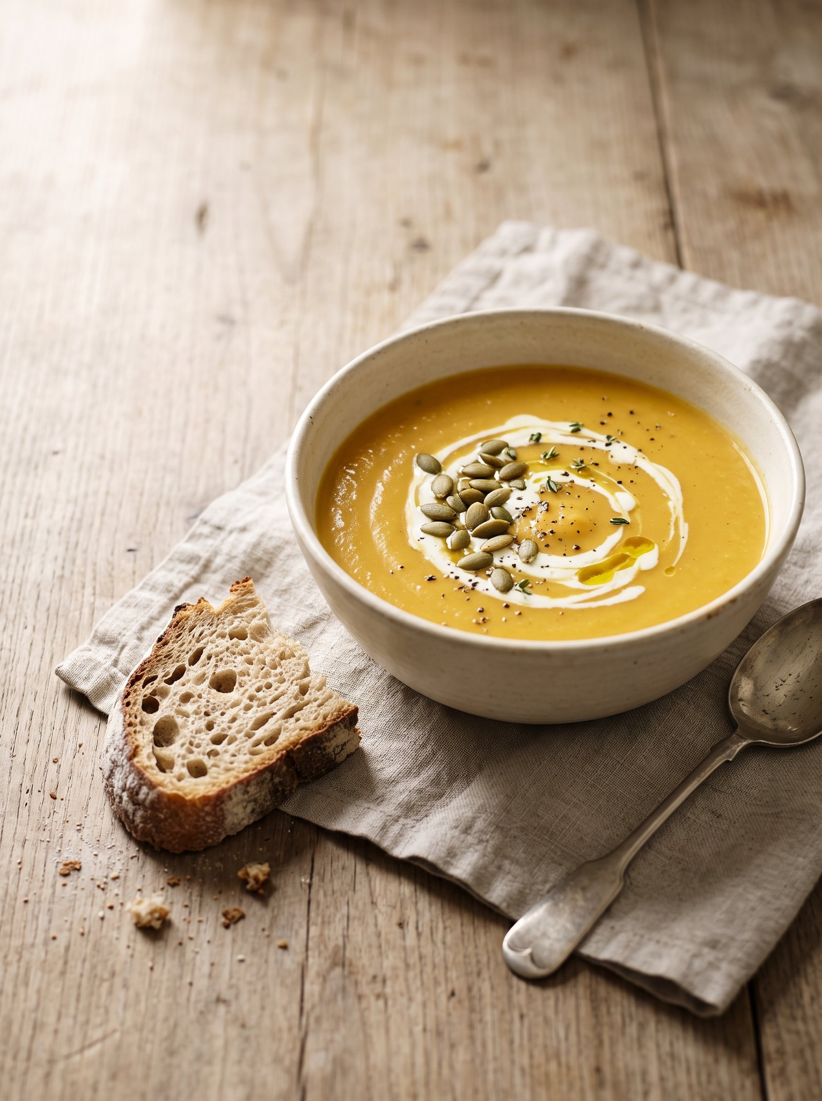 Creamy roasted butternut squash soup topped with pumpkin seeds beside sourdough