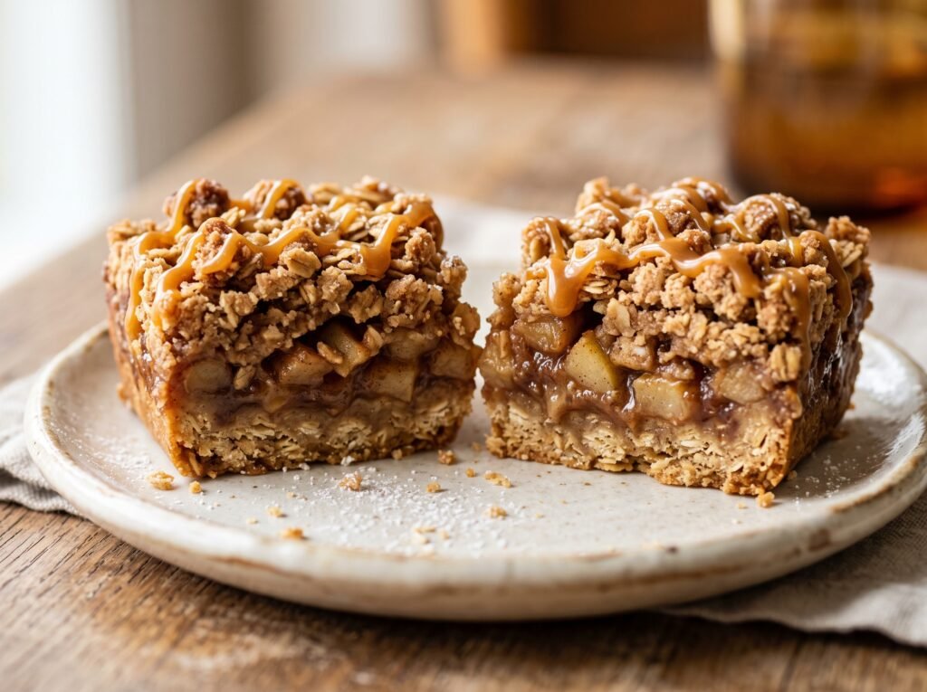 Close-up showing the apple filling and oat layers in a caramel apple crisp bar