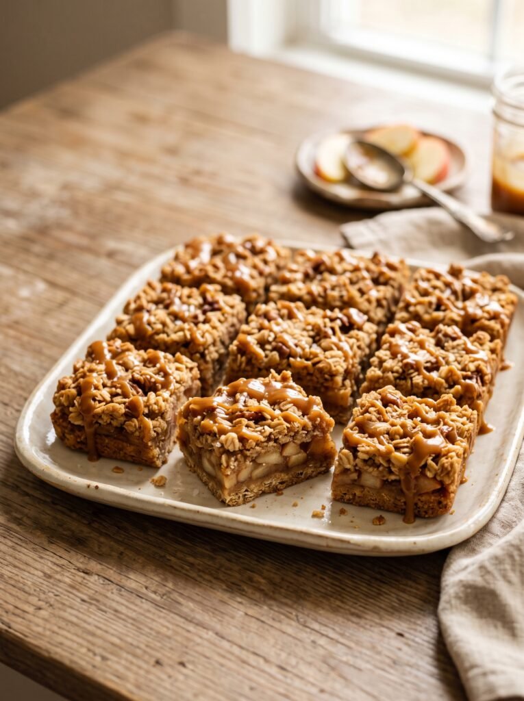 Caramel apple crisp bars with oat crumble and caramel drizzle