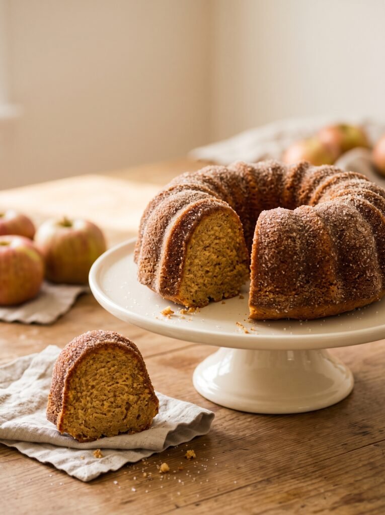 Apple cider donut cake coated in cinnamon sugar with a slice beside it