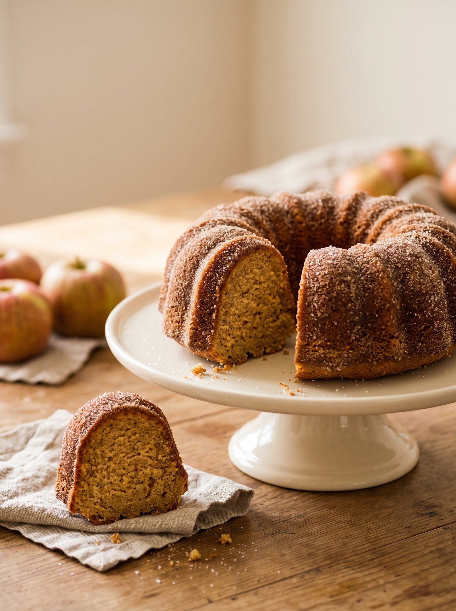 Apple cider donut cake coated in cinnamon sugar with a slice beside it