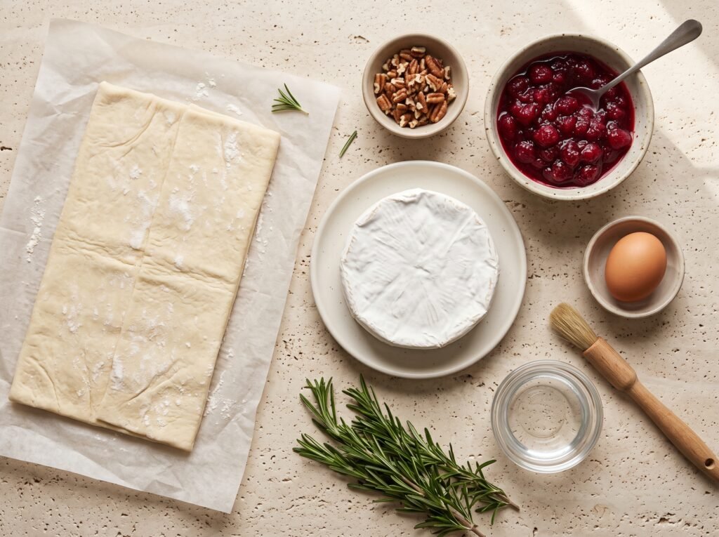 Puff pastry, Brie, cranberry sauce, pecans, and rosemary for cranberry Brie bites