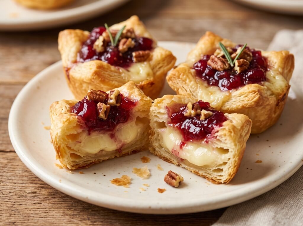 Close-up of a cranberry Brie bite showing flaky pastry and melted cheese