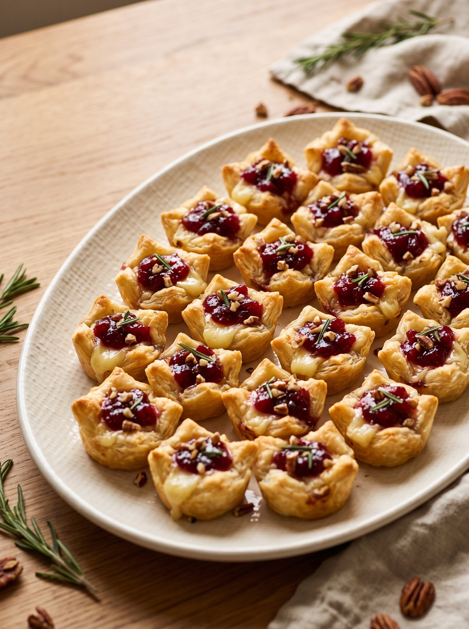 Cranberry Brie bites with pecans and rosemary on a serving platter