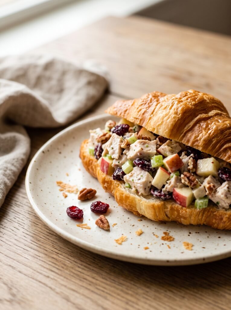 Cranberry pecan chicken salad served in a croissant with apple and celery
