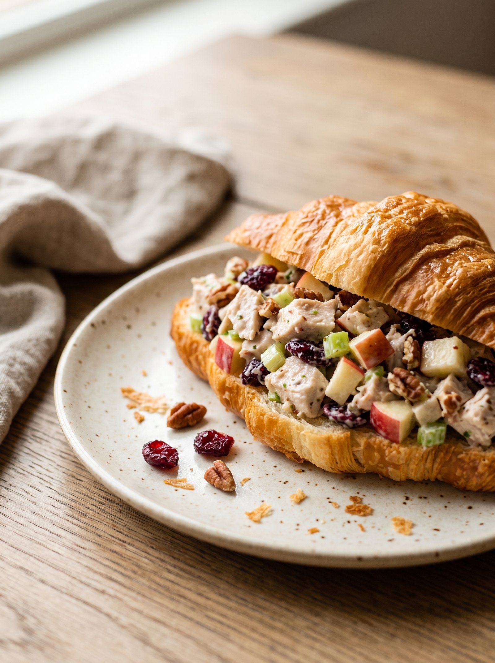 Cranberry pecan chicken salad served in a croissant with apple and celery