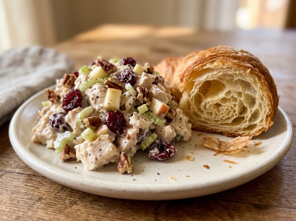 Close-up of creamy chicken salad with cranberries, apple, celery, and pecans