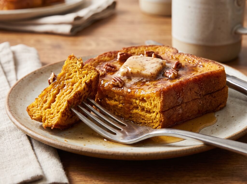 Close-up of pumpkin French toast with a soft center and melting pecan butter