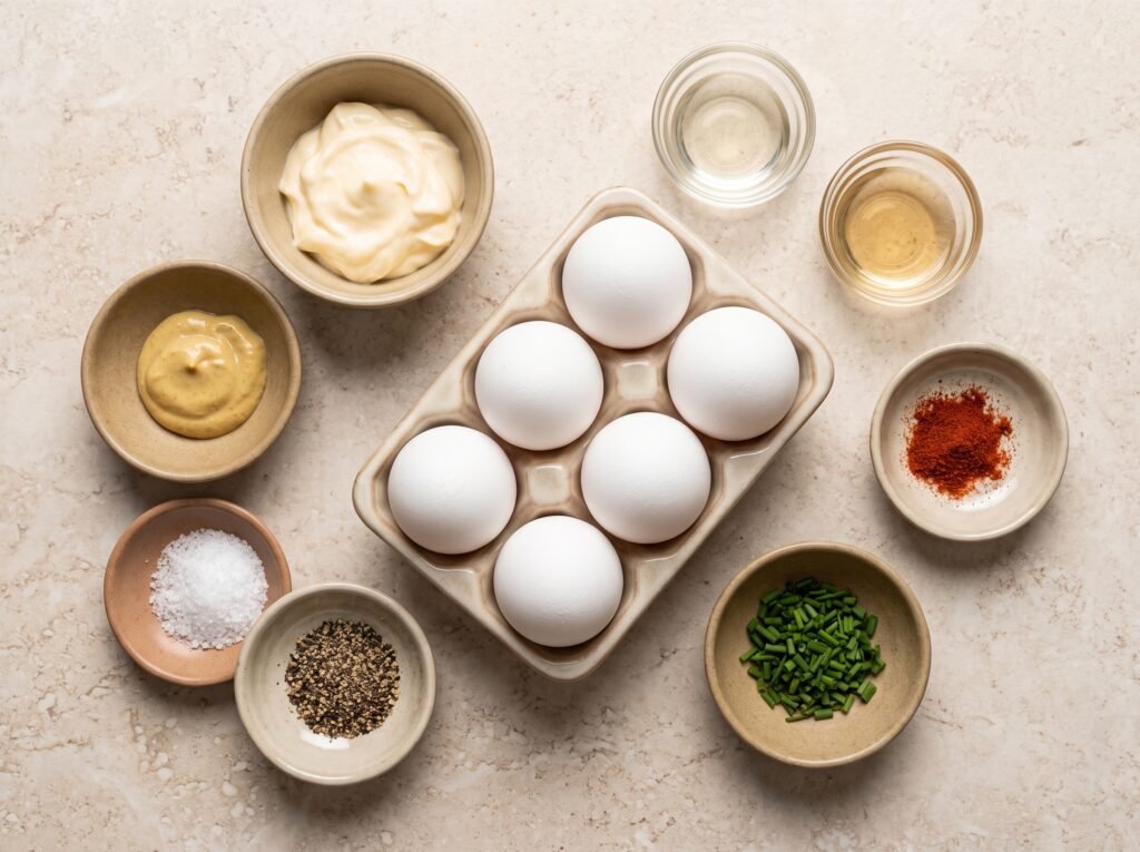 Eggs, mayonnaise, Dijon, vinegar, and seasonings for deviled eggs