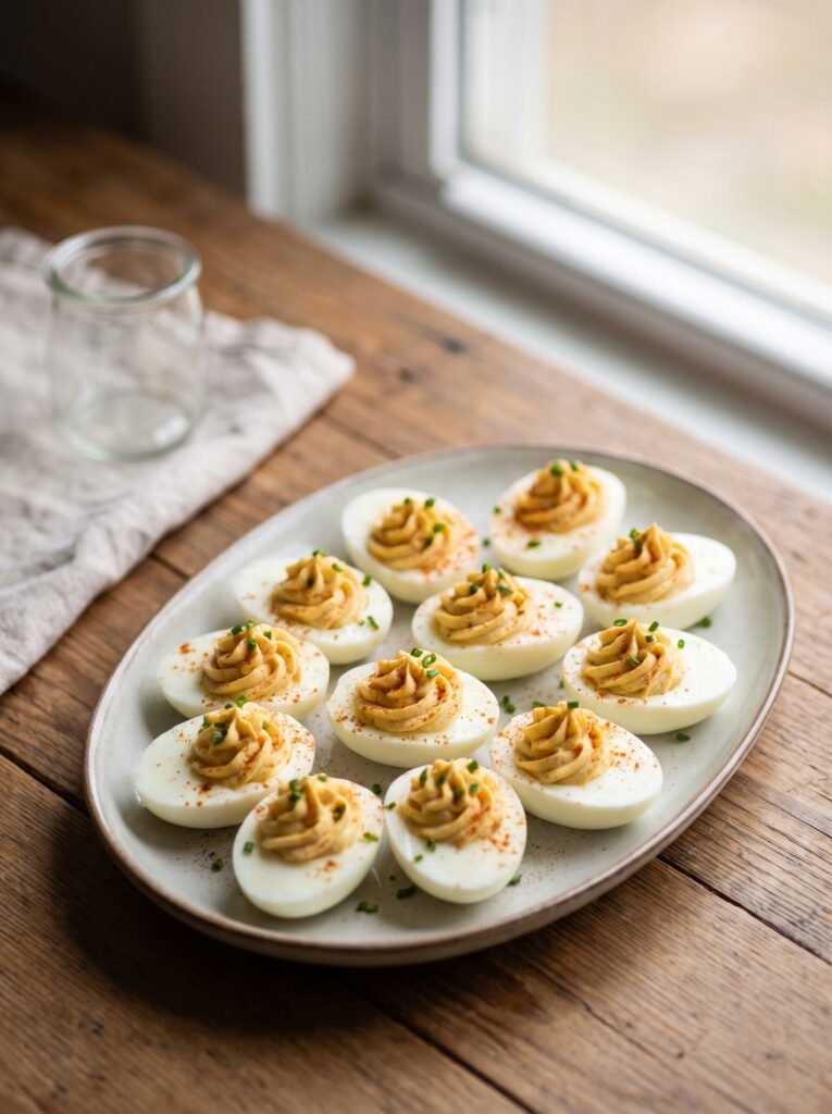 Classic deviled eggs topped with paprika on a serving platter