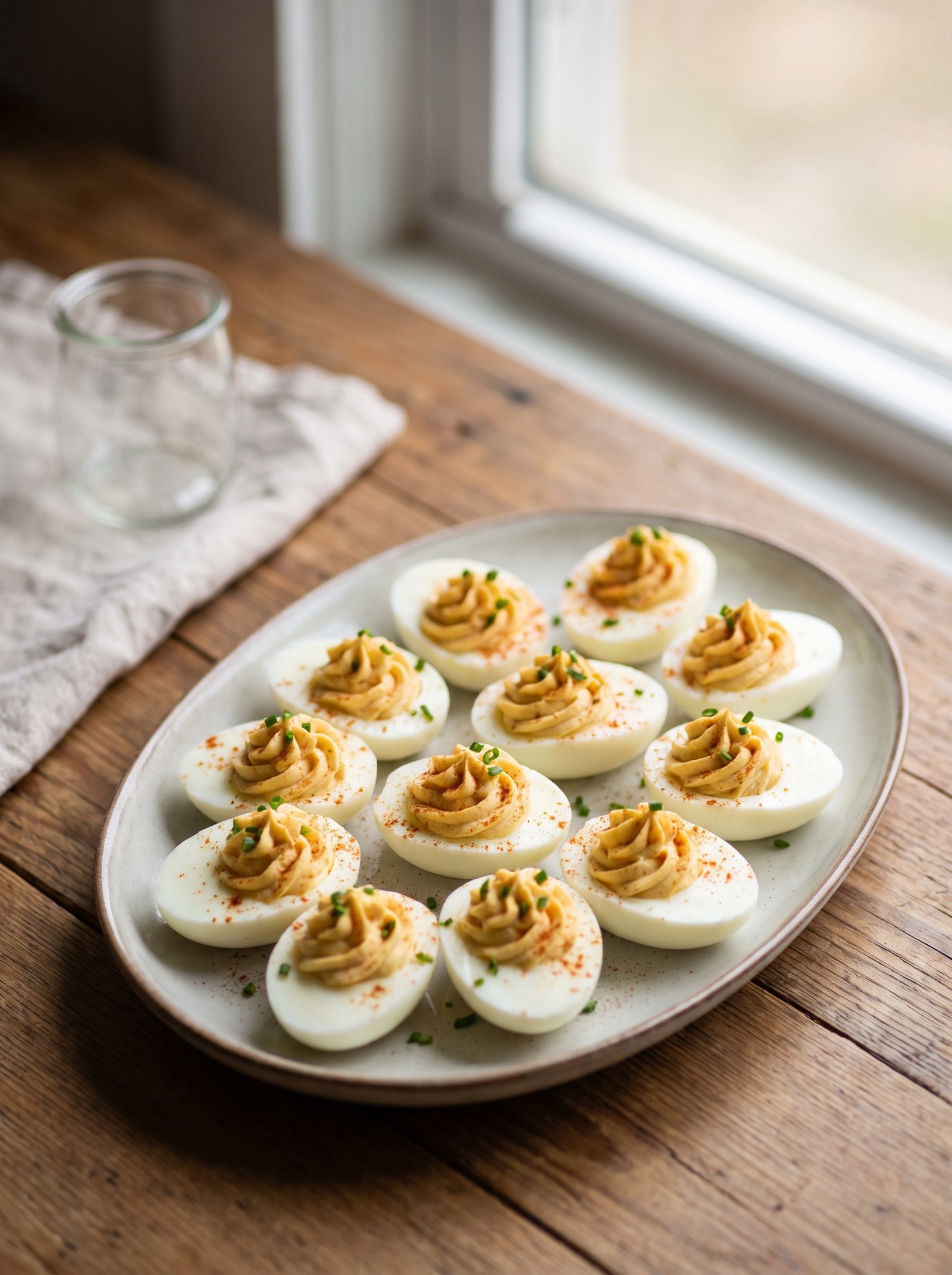 Classic deviled eggs topped with paprika on a serving platter