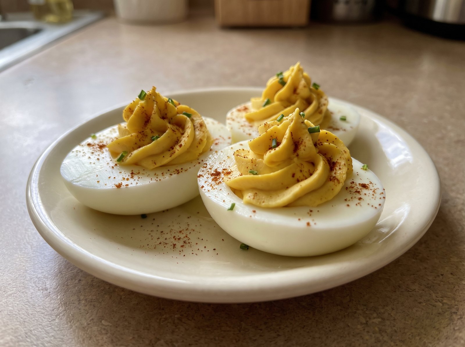 Close-up of creamy deviled egg halves dusted with paprika