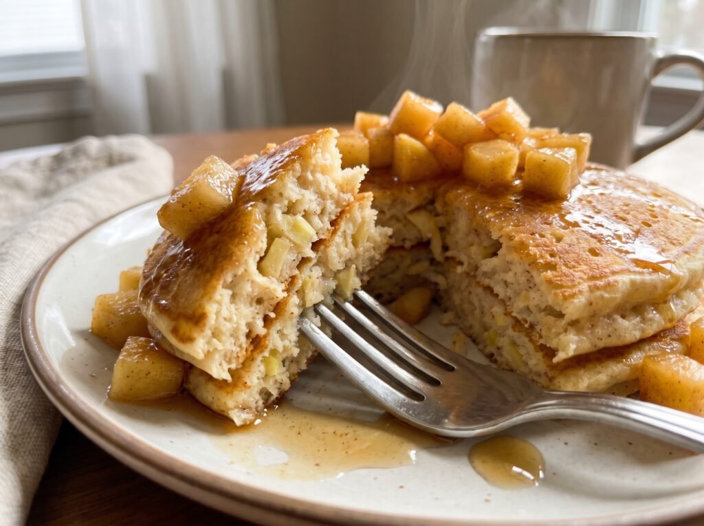 Close-up of fluffy apple cinnamon pancakes with maple apple topping