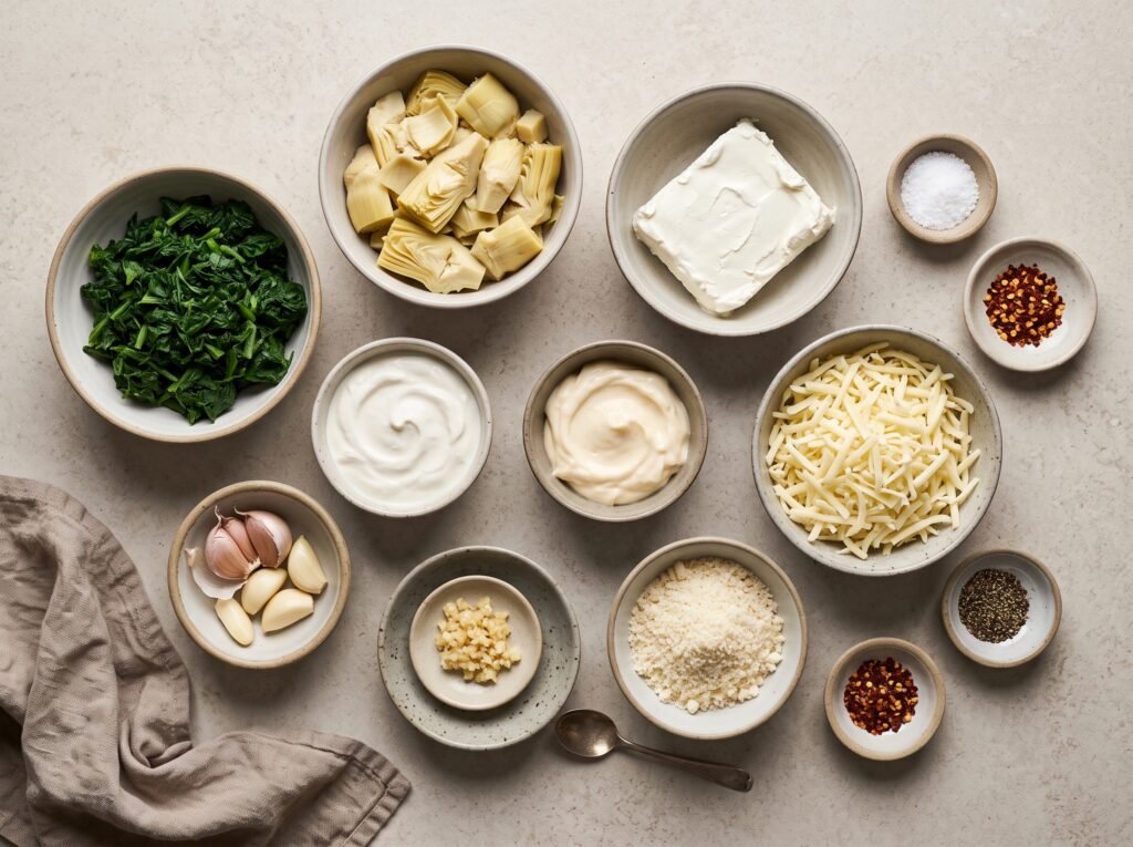 Ingredients for spinach artichoke dip arranged in bowls on a light stone surface
