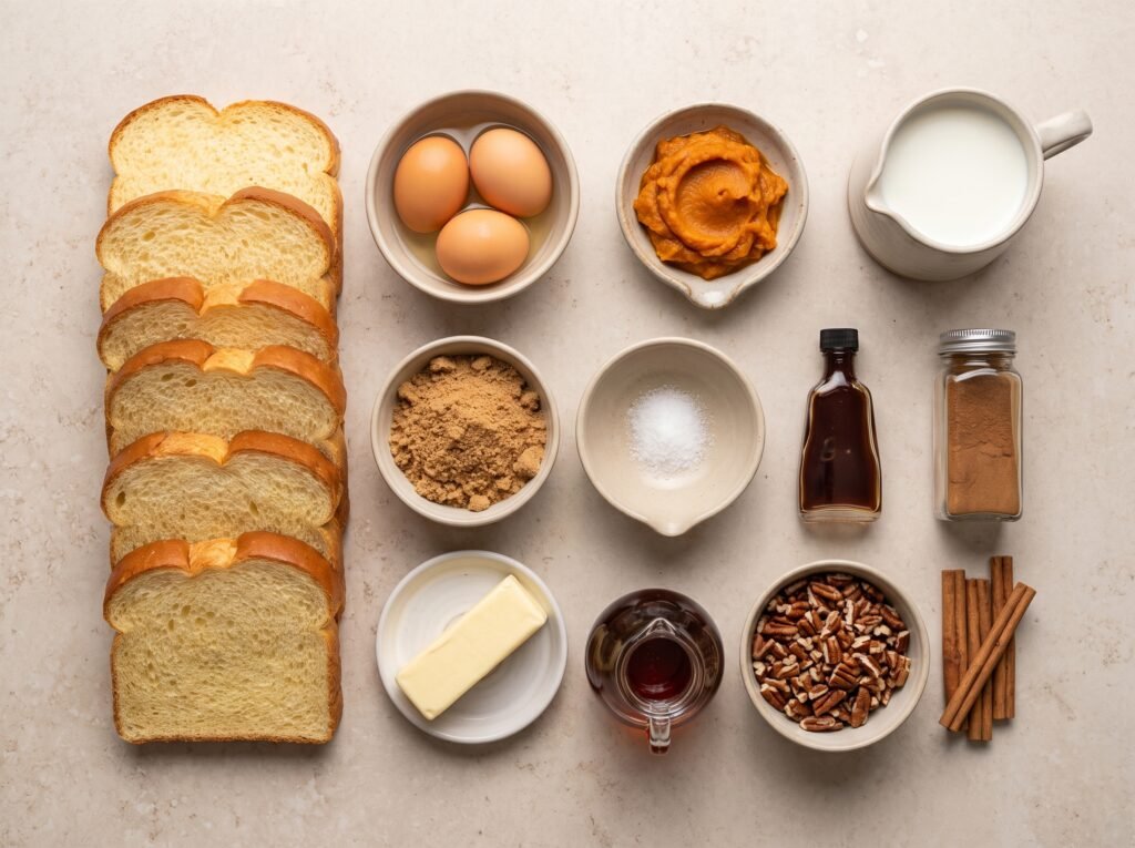 Bread, pumpkin purée, eggs, milk, pecans, and maple syrup for pumpkin French toast