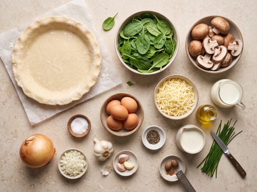 Pie crust, mushrooms, spinach, eggs, cream, and Gruyère for quiche
