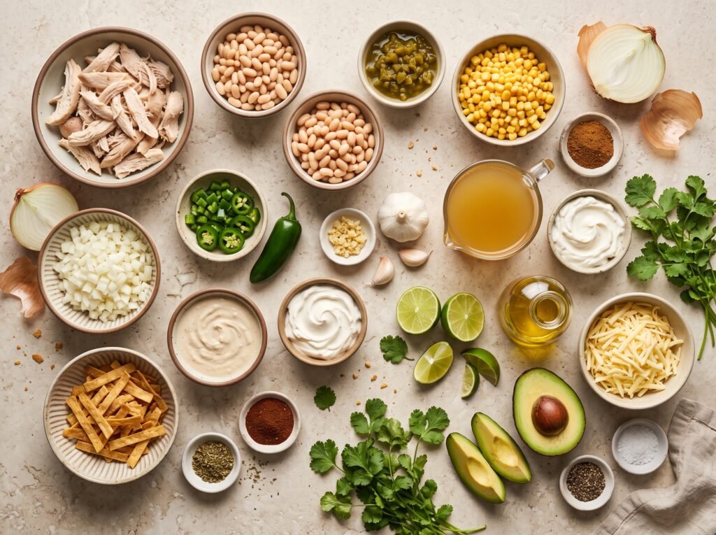 Ingredients for white chicken chili arranged on a light stone surface