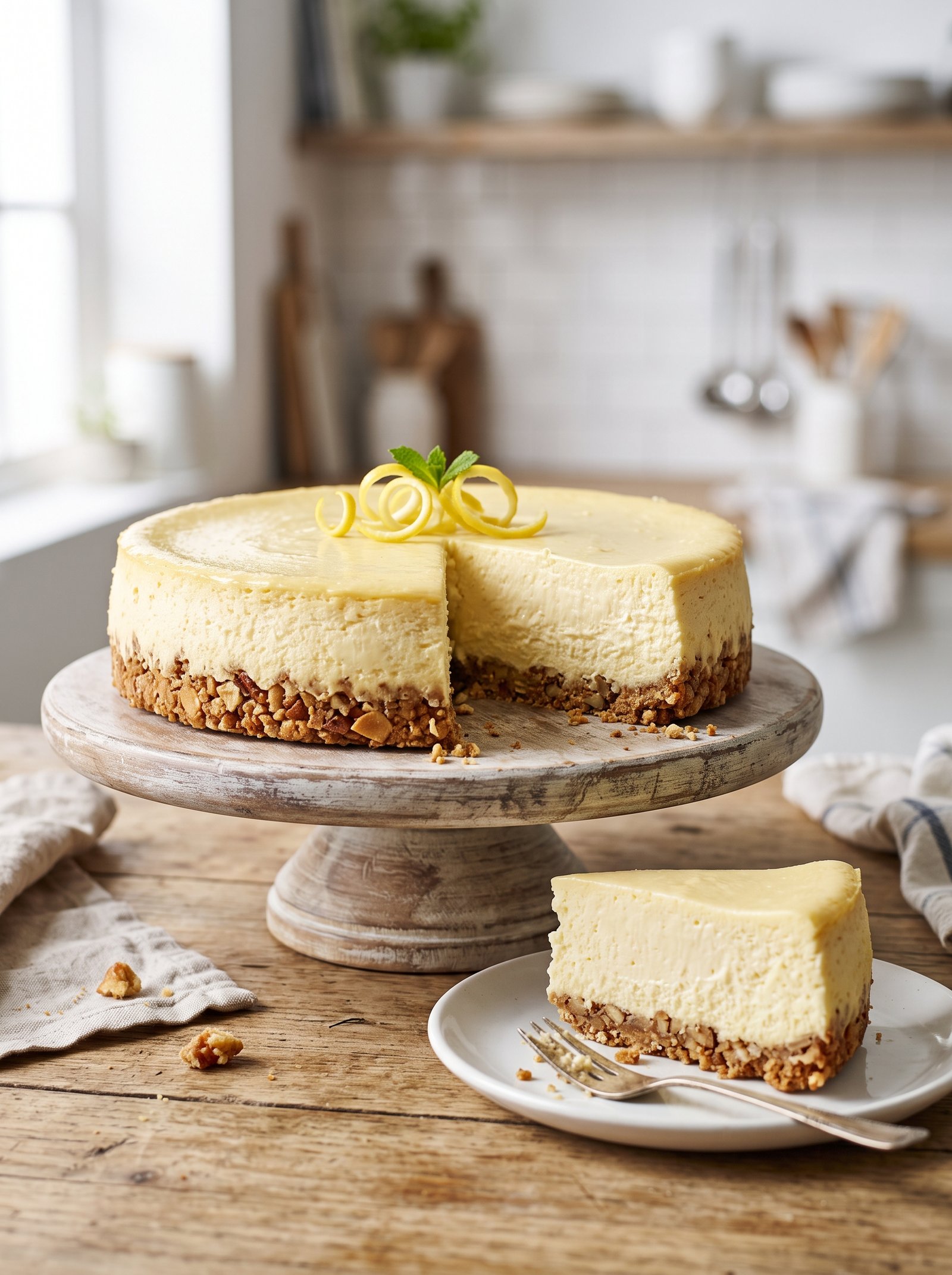 A slice of Lemon Ginger Cheesecake on a white plate with a toasted nut crust.