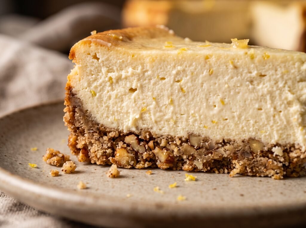 Macro close-up of the creamy texture and nut crust of a slice of Lemon Ginger Cheesecake.