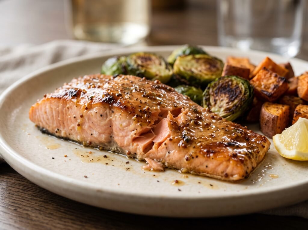 Close-up of glazed salmon with roasted Brussels sprouts and sweet potato