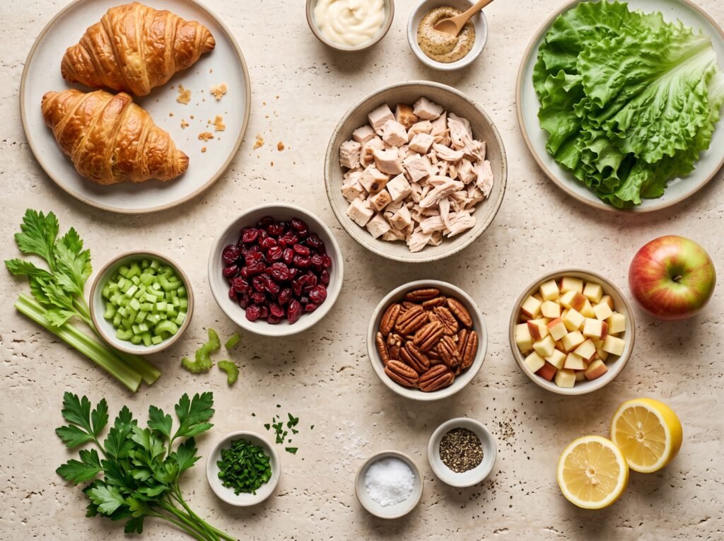 Chicken, apple, cranberries, celery, pecans, and dressing ingredients for chicken salad