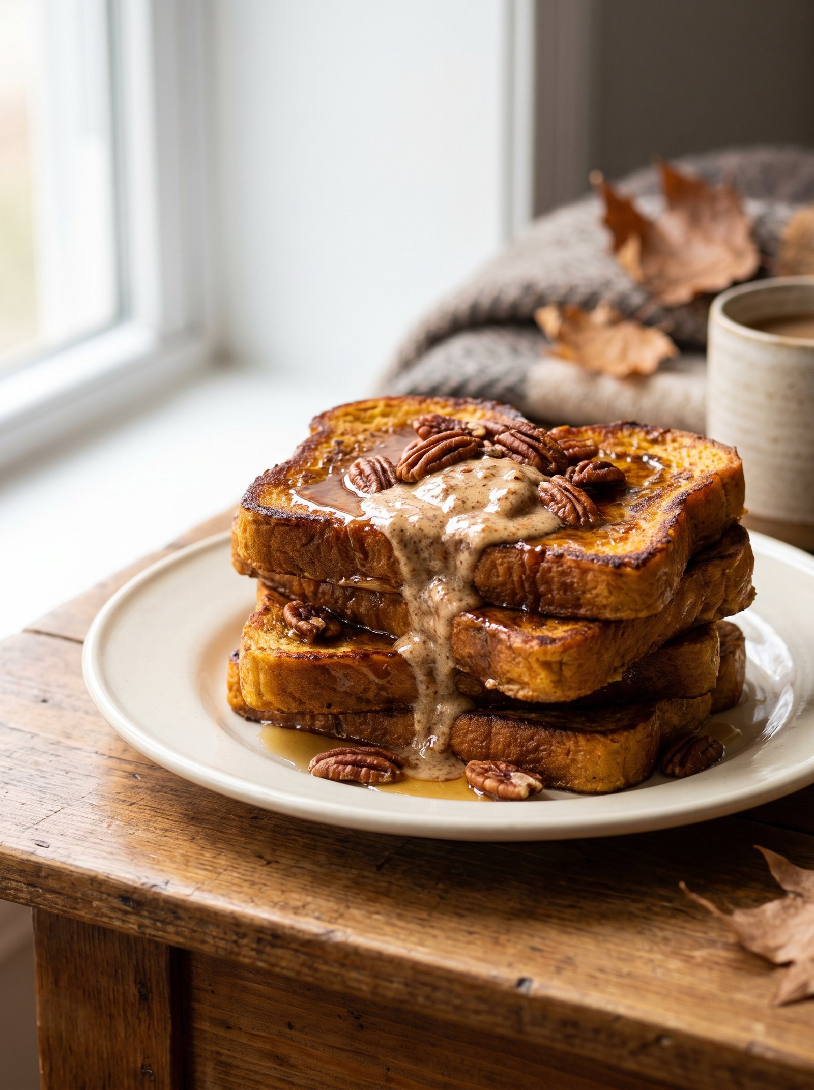 Pumpkin French toast topped with maple pecan butter