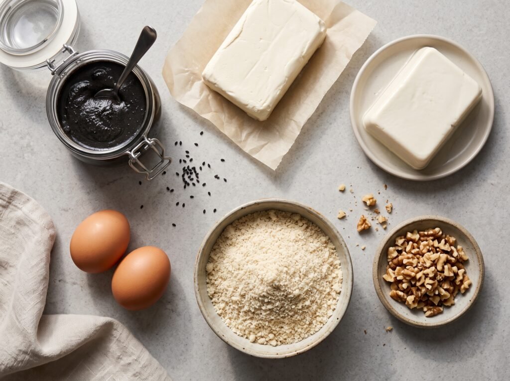 Raw ingredients for Black Sesame Cheesecake including silken tofu, cream cheese, black sesame paste, and walnuts.