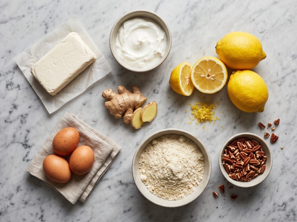 Raw ingredients for a cheesecake including cream cheese, lemons, fresh ginger, and almond flour.
