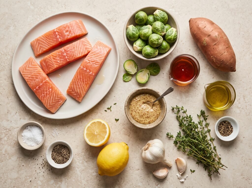 Salmon, Brussels sprouts, sweet potato, maple syrup, Dijon, lemon, and thyme
