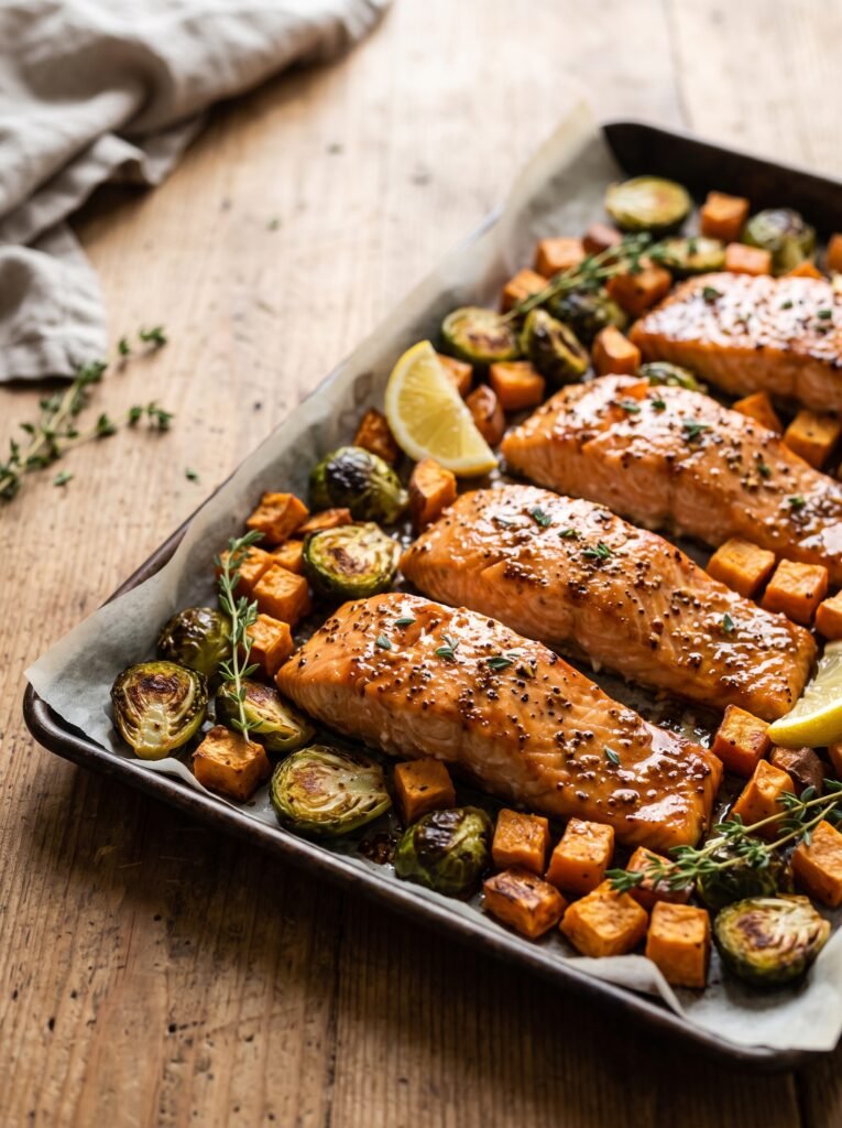 Maple Dijon salmon with roasted sweet potatoes and Brussels sprouts