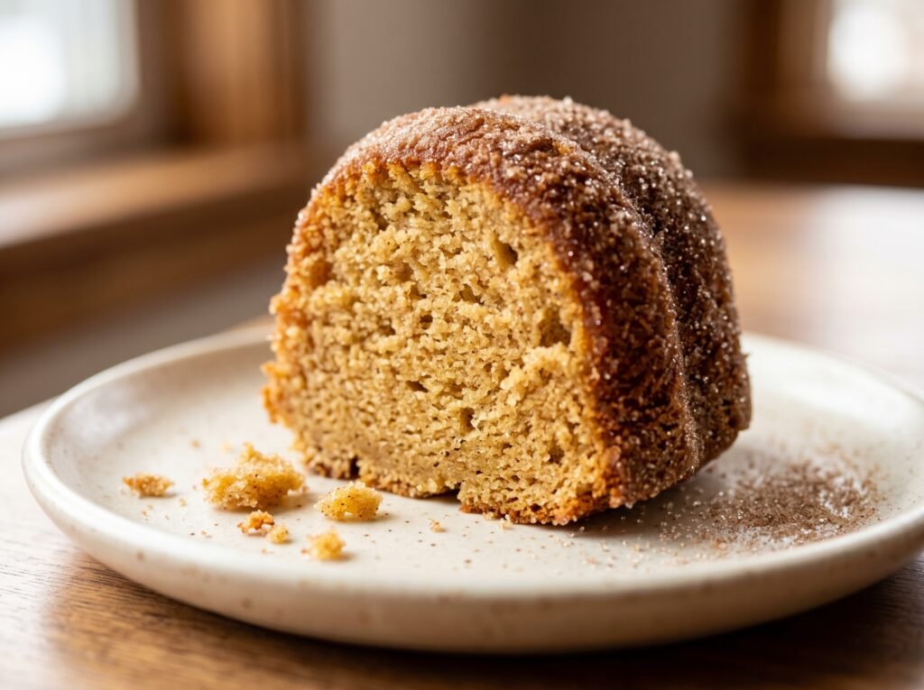 Close-up of apple cider donut cake showing its tender crumb and cinnamon-sugar crust