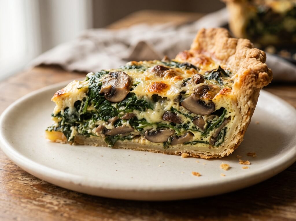 Close-up of spinach mushroom quiche showing its flaky crust and cheesy egg filling