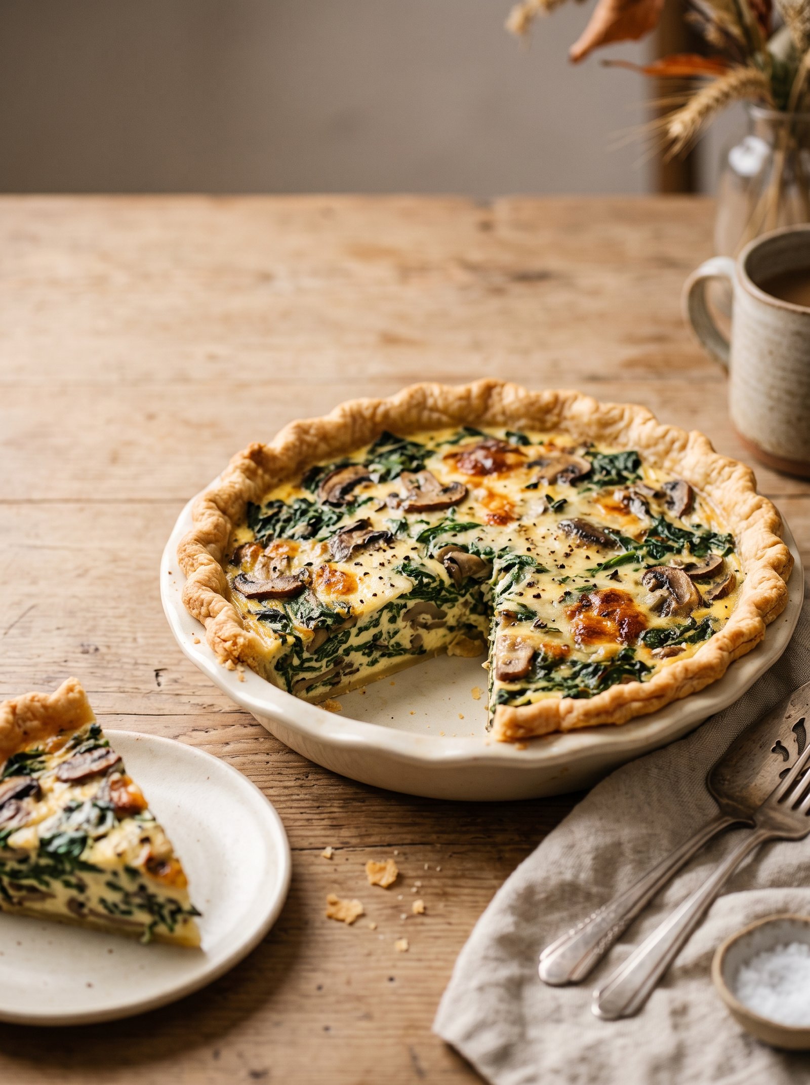 Spinach mushroom quiche with Gruyère showing a slice of the savory filling