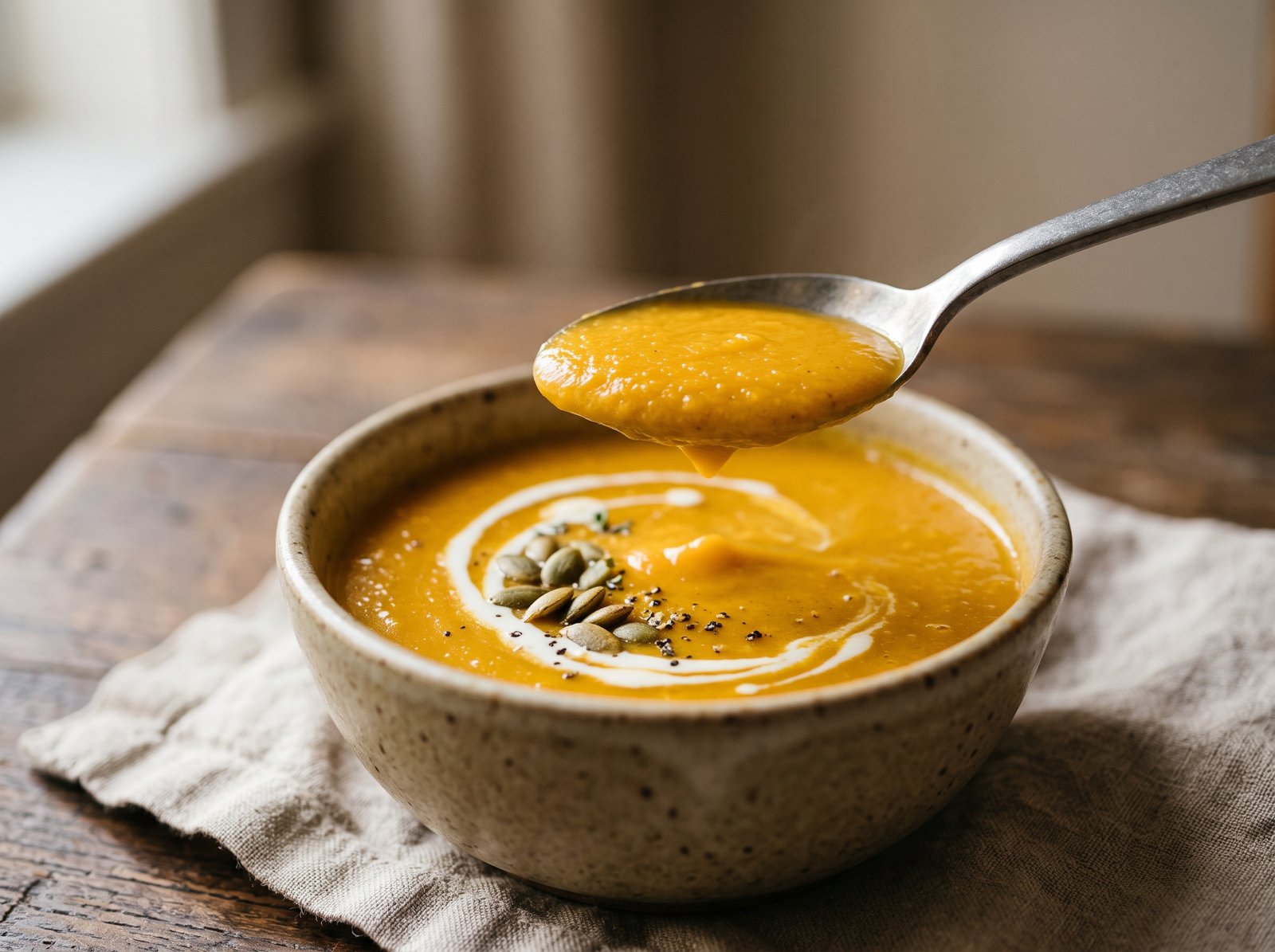 Close-up of smooth butternut squash soup with cream and toasted pumpkin seeds
