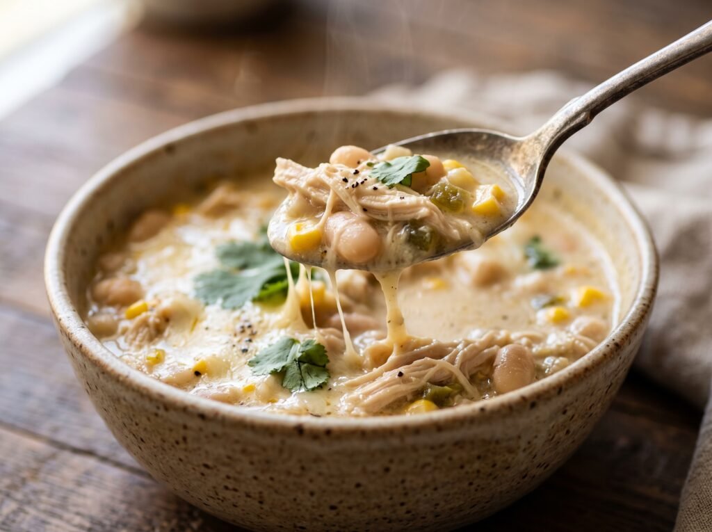 Close-up of creamy white chicken chili with shredded chicken, beans, and corn