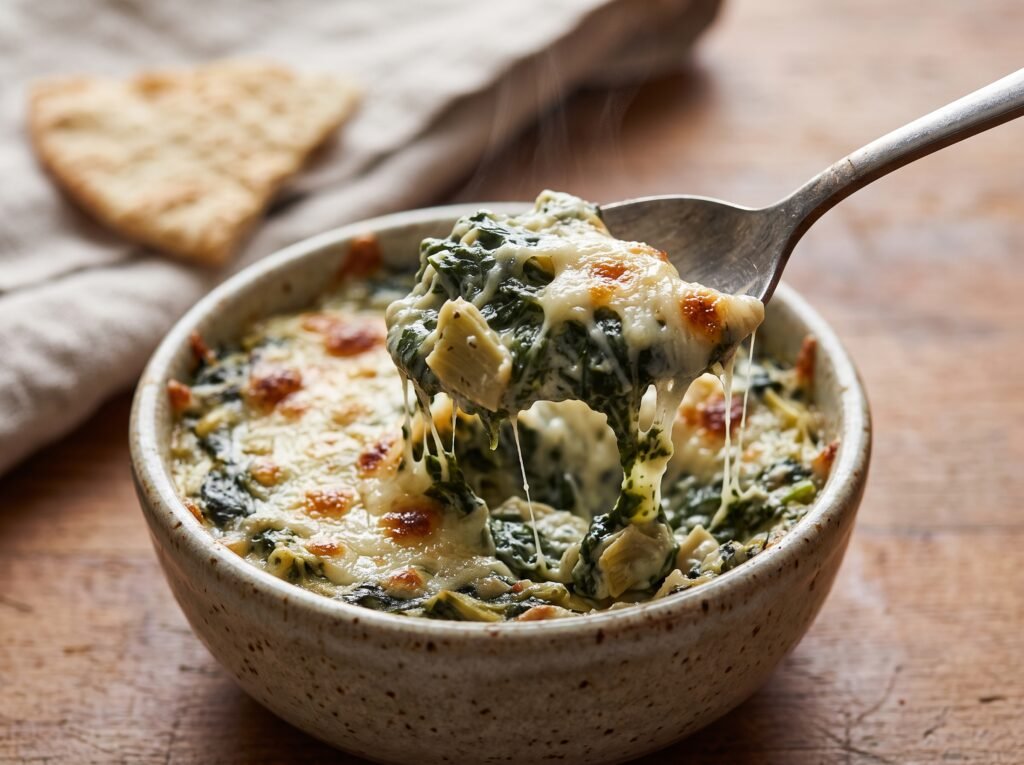 Close-up of creamy spinach artichoke dip with spinach and artichoke pieces