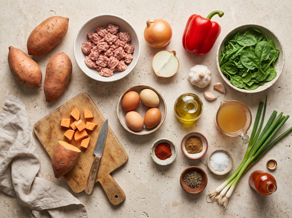 Sweet potatoes, sausage, eggs, peppers, spinach, and spices for breakfast hash